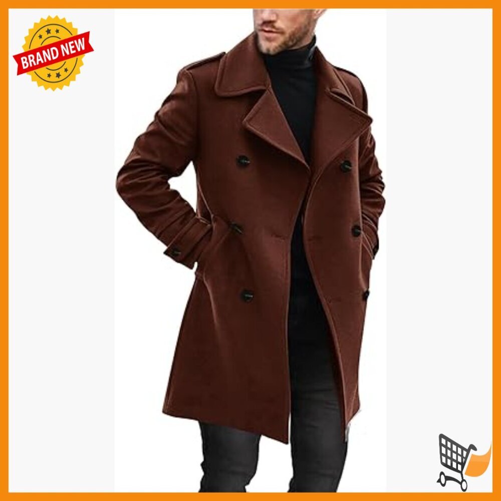 Men's Wool Blend Trench Coat Double Breasted Notch Collar Winter Pea Coat